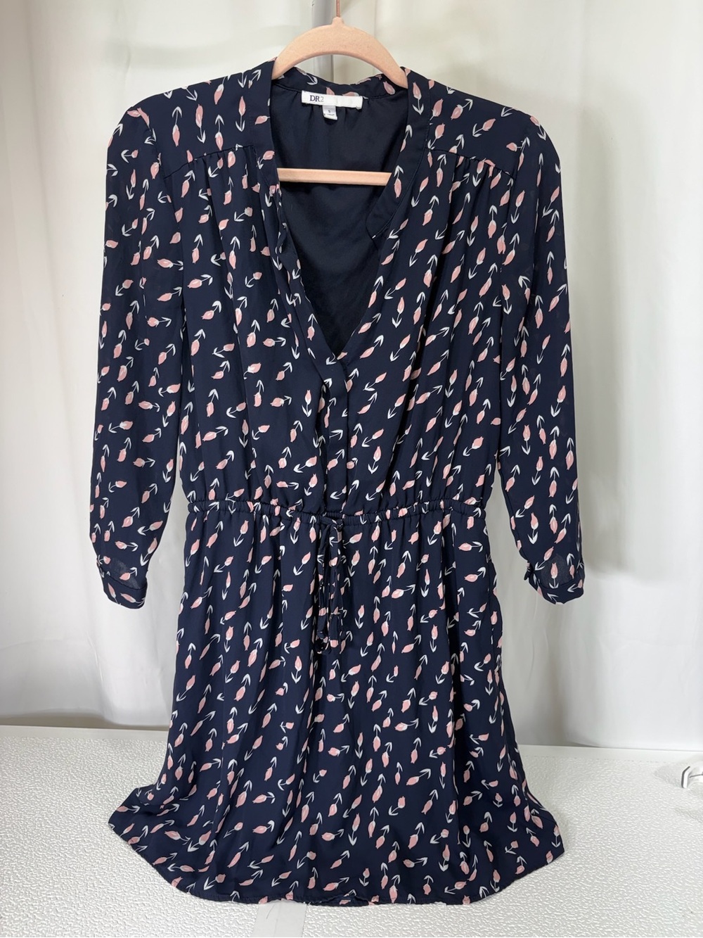 DR2 Navy Midi Dress with Pink Leaf Print and Tie Waist 3906